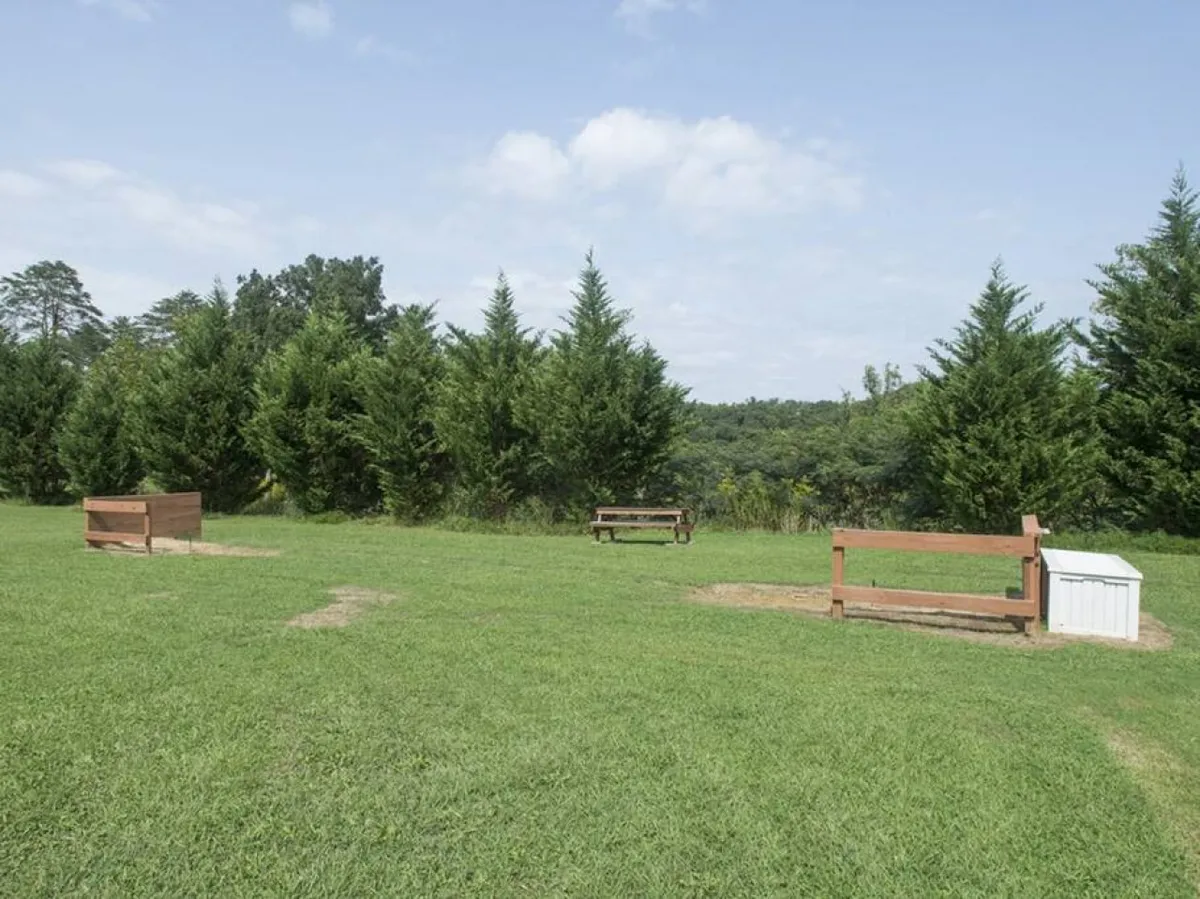 An inviting exterior scene featuring wooden benches set on a green grassy area, with trees in the background. The space is ideal for groups to relax, socialize, or enjoy a picnic together in the fresh air.