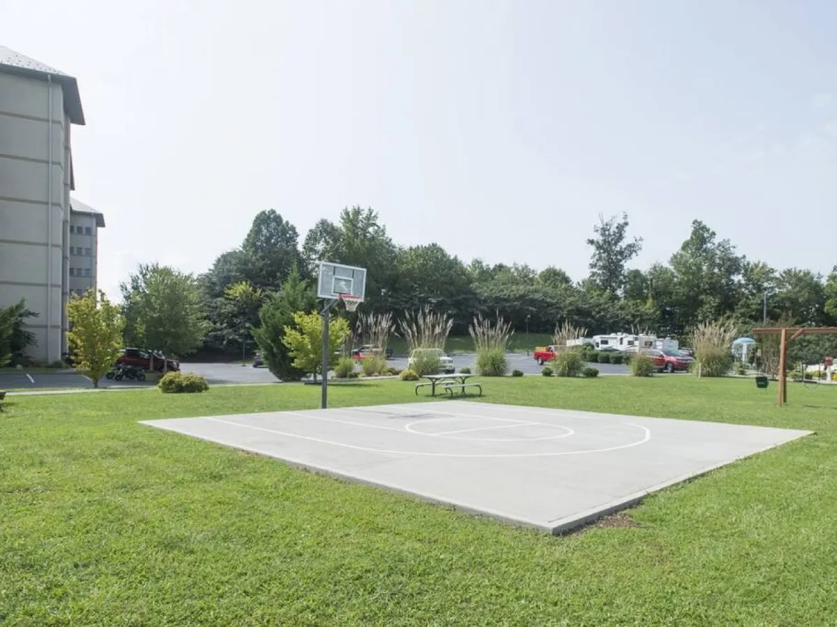 An energetic outdoor view of a basketball court surrounded by green grass and trees. The court is ready for friendly matches and group games, enhancing the sense of community and active fun.